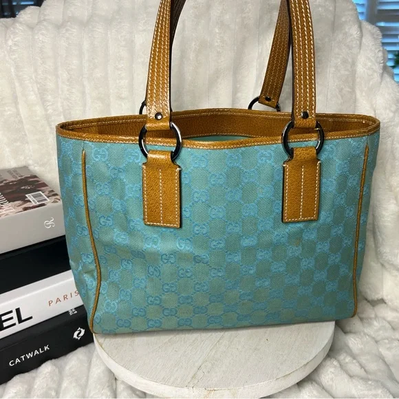 Gucci GG Blue Canvas Tote with Brown Leather Trim with COA - Picture 3 of 15